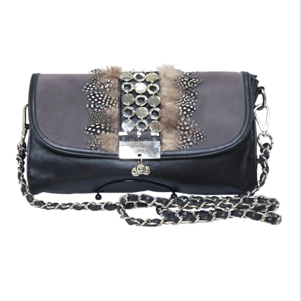 Vintage Nicole Lee Black Faux Leather Chain Purse w/feathers Shoulder bag